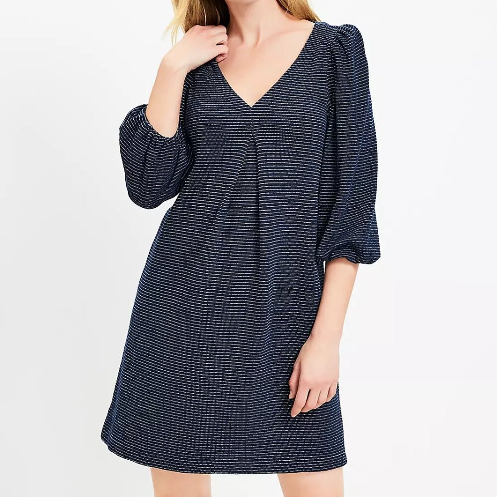 Loft Navy and White Stripe Textured Pleated Mini Dress  Size MT